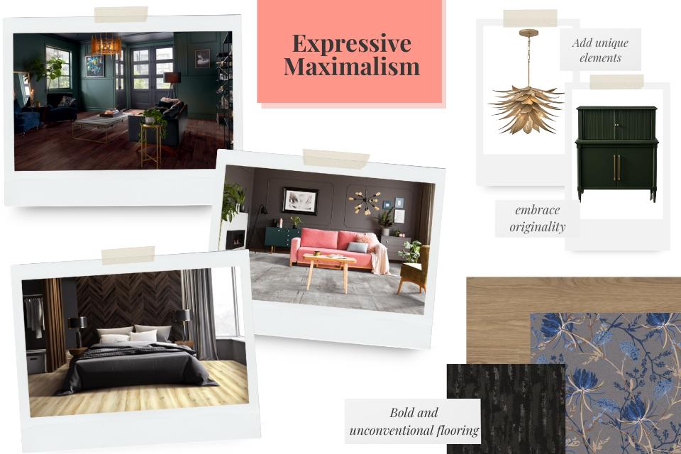  Expressive Maximalism mood board featuring room scenes with maximalist inspired flooring and decor options.